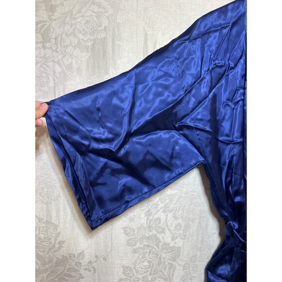 Lyre Bird Robe Kimono Small Blue Satin Embroidered Flowers Birds Vintage Belt - Picture 3 of 7